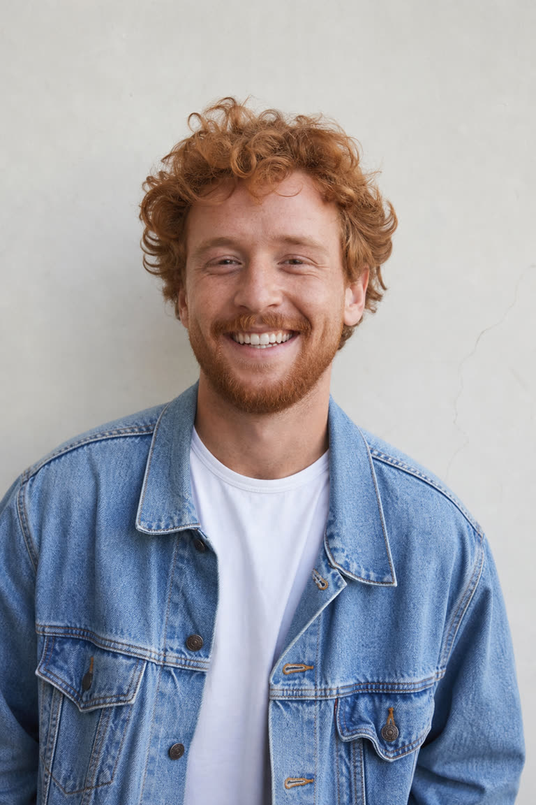Input photo for the Crazy Frog AI example (rider): a red-haired man with a beard in a denim jacket (AI-generated sample person)