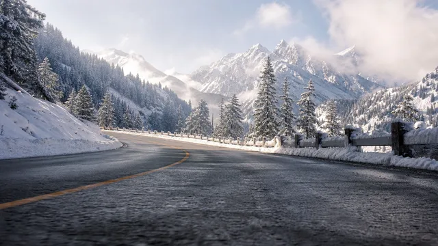 Snowy mountain pass: Snow banks, pines and frosted guard rails