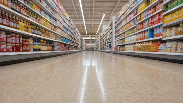 Supermarket aisle: Shiny floor, full shelves, fluorescent lights
